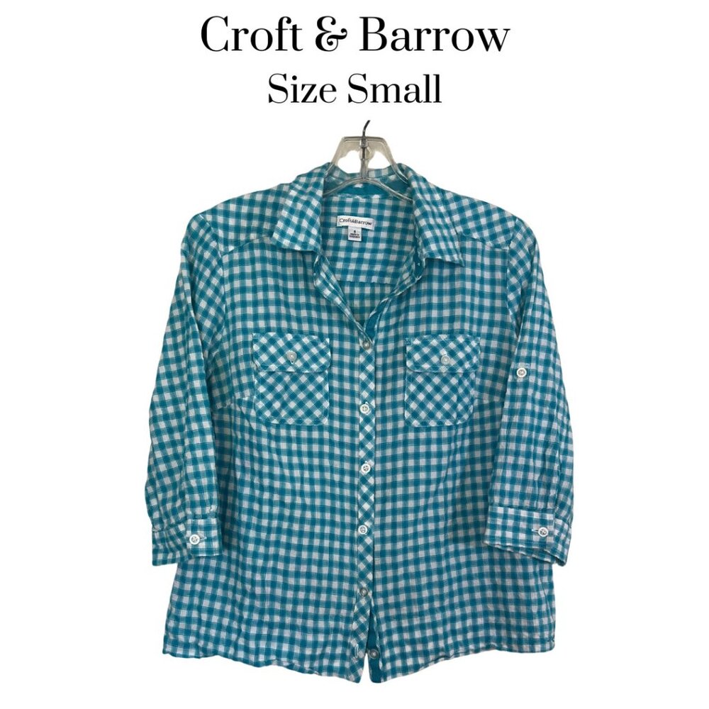 Croft & Barrow Teal Plaid Button Down Cotton Shirt Women's Size Small Casual Top